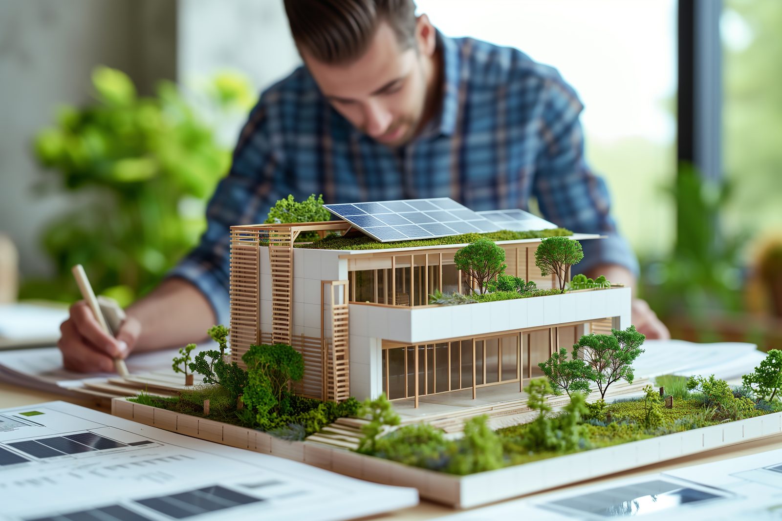 Architect working on a model of a solar-powered home